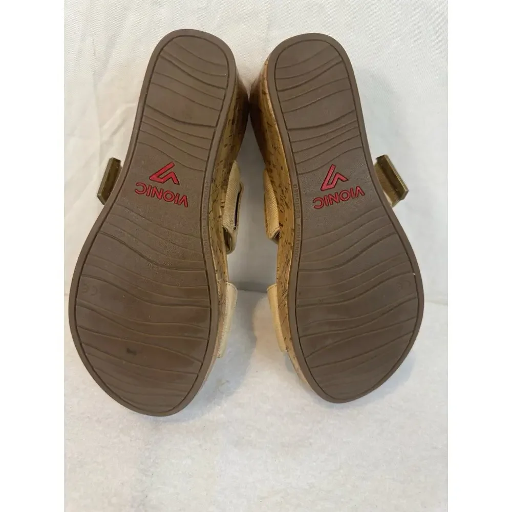 Vionic Pepper Womens Size 8 Wedge‎ Sandals Beige Leather Adjustable Strap